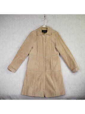 VTG Wilsons Pelle Studio Womens Tan Suede Long Coat Size XL Fully Lined Patch